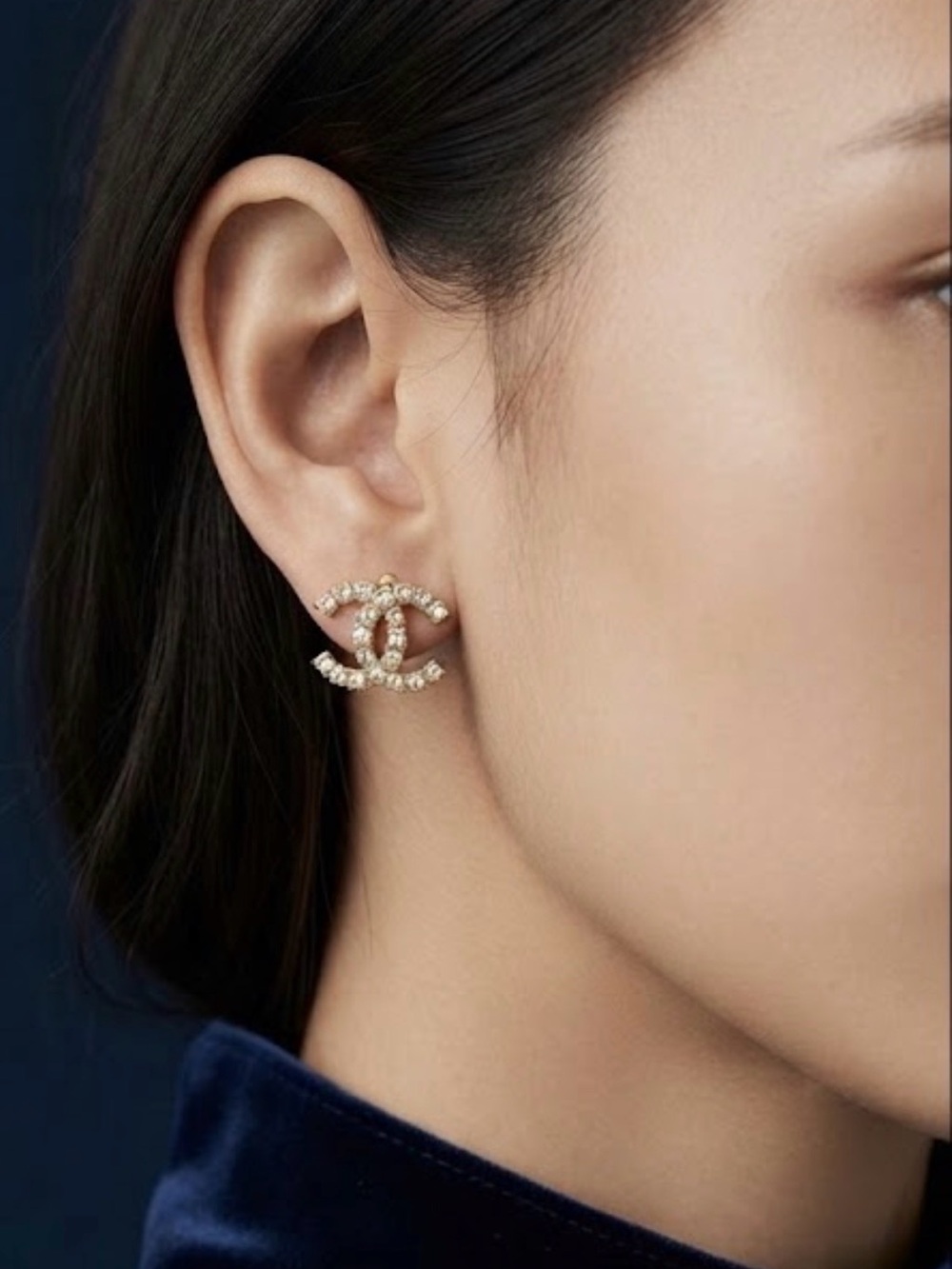CHANEL Crystal Logo Stud Earrings